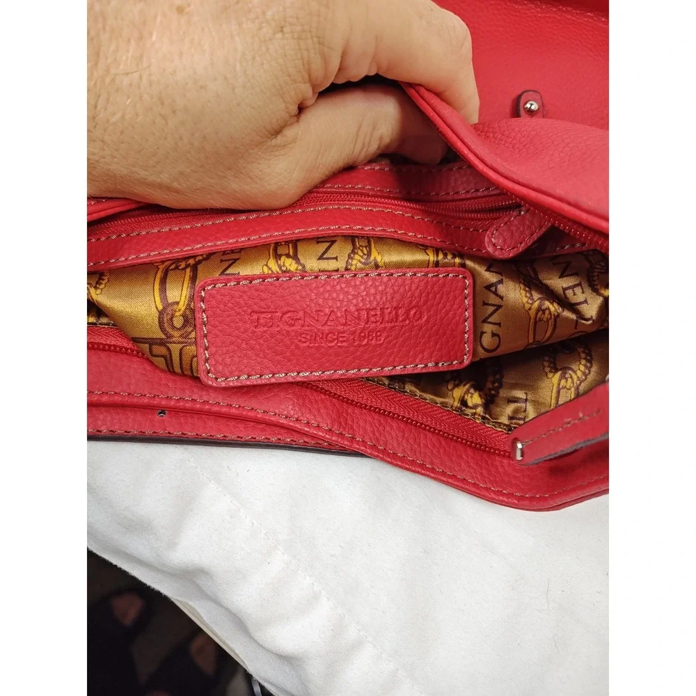 Tignanello Red Pebbled Leather Organizer Crossbody Shoulder Bag Silver Hardware